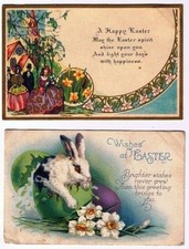 Easter Postcards (2) Bunny Rabbit Eggs Crinoline Ladies Daffodils