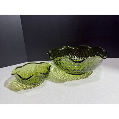 Vintage Indiana Glass Avocado Green Diamond Point Ruffled Serving Bowl Set of 2