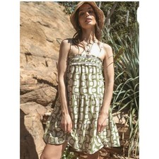 ILLA ILLA Green & Cream Printed Mini Dress Strappy Cutout Back Size Medium