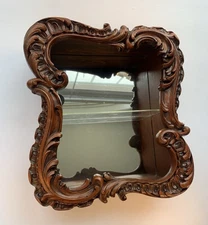 Vintage French Country Carved Wood Mirror Curio Wall Shelf Baroque Style