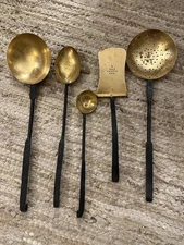VTG Hand Wrought Iron Brass Copper Rivets Primitive Cookware 5 Piece Utensil Set