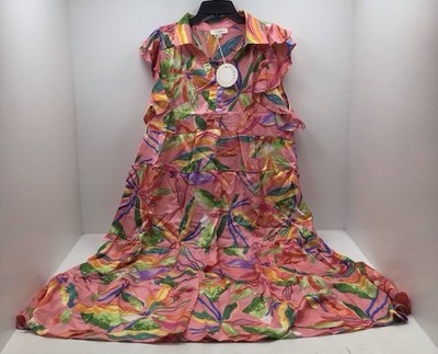 Umgee Dress Pink Leaf Print Tiered Collar Midi Dress Size XL