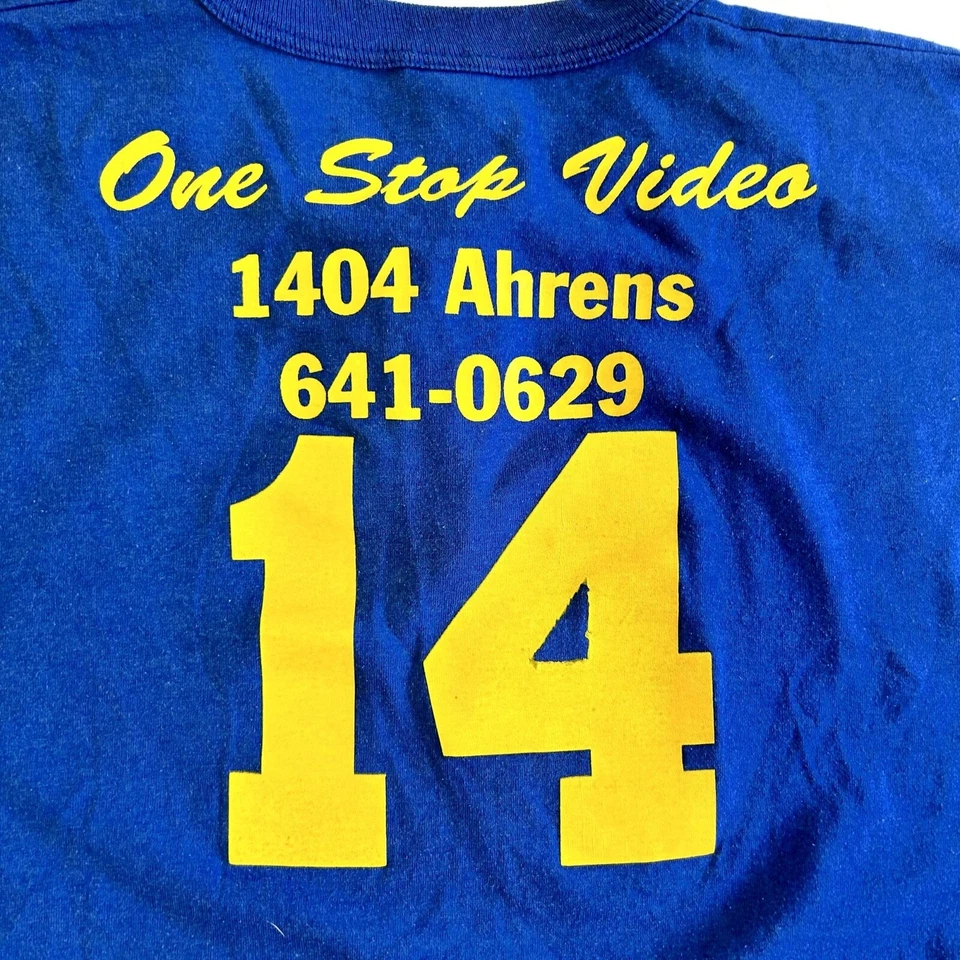 Camiseta Vintage Años 70 80 Russell Athletic Hombres BUFFS One Stop VIDEO Azul 50/50 EE. UU. Foto 3 de 4