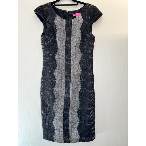 Betsey Johnson Grey Woven Dress with Black Lace Overlay and Cap Sleeves size 6