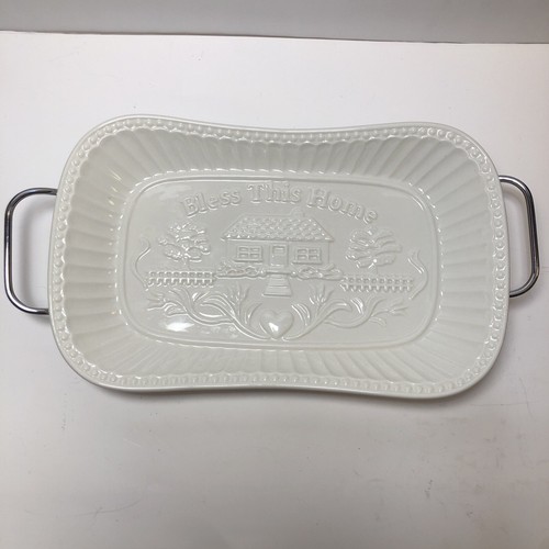 Godinger White Porcelain Bread Tray Silver Finish Serving Rack BLESS THIS HOME - Picture 2 of 7