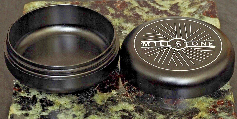 Millstone Tobacco Herb Storage Jar Metal Container Aluminum Tin Air Tight Black - Image 4 of 4