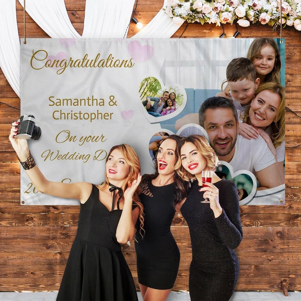 Banner de foto personalizado | Banner de casamento | Aniversário | Fundo grande | Coração rosa - Imagem 2 de 4