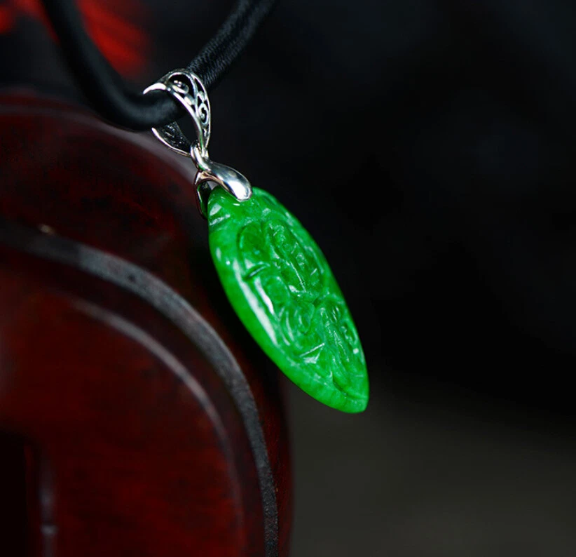 K09 Ciondolo A Cuore In Giada Verde Intagliato In Argento Sterling 925 - Immagine 4 di 4