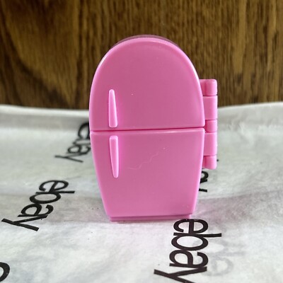 OOAK and Play Mini Dollhouse Pink Refrigerator Kitchen Accessory, Doors open. 