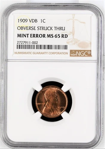 ✔ 1909 VDB Wheat Cent NGC MS 65 RD Struck Through ERROR Penny Red