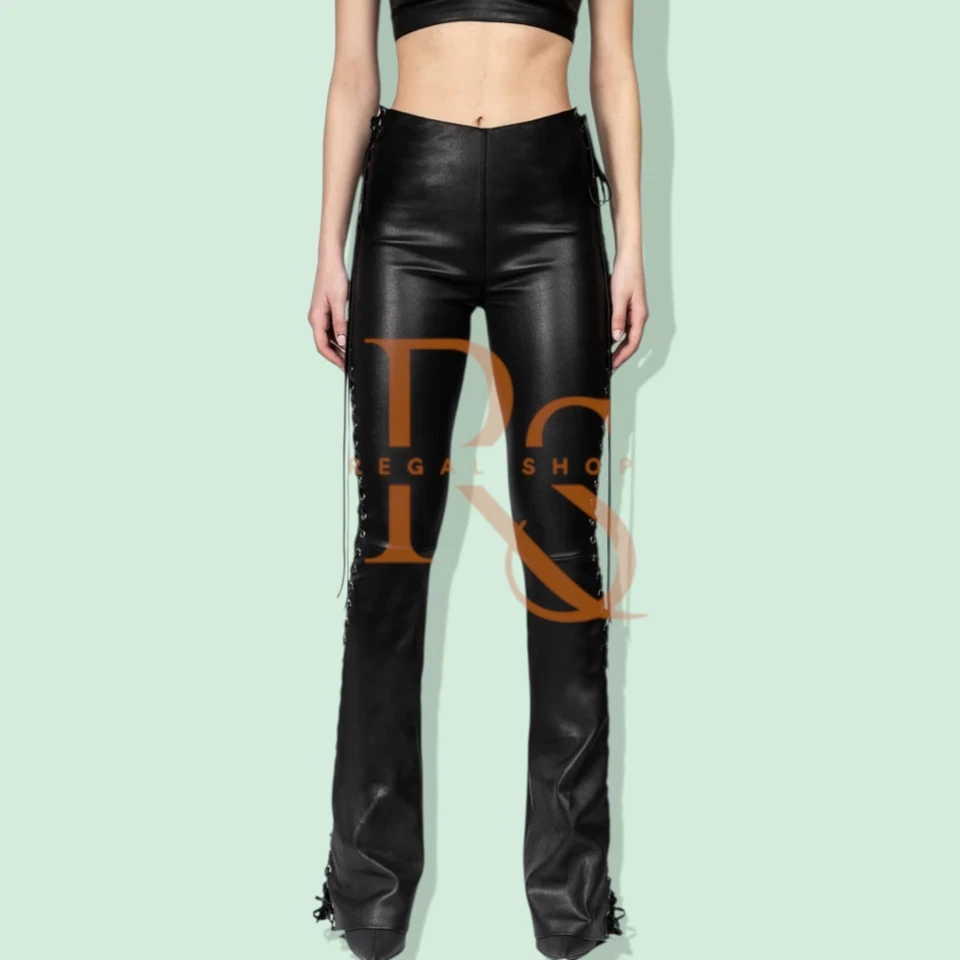 Pantalón de cuero negro para mujer Pantalón de cuero genuino de piel de cordero estilo con cordones Foto 2 de 4
