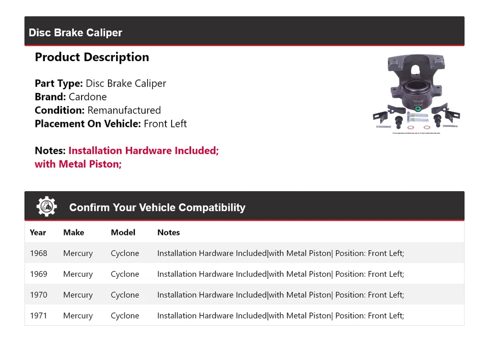 Pinza de freno de disco delantera izquierda Cardone 1969 1970 Mercury Cyclone 1968-1971 Foto 2 de 4