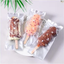 Ice Cream Bags 100 Pack - Clear Ice Pop Bags with Silver Bottom and Cool Words