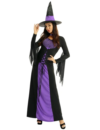 Women's Halloween Wicked Witch Theme Cosplay Costume Outfit Purple Classic Dress - Imagen 6 de 45