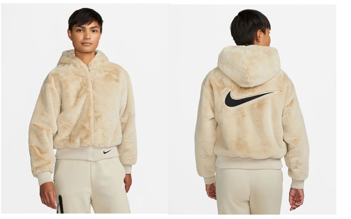 Women Nike Sportswear Essentials Faux Fur Coat Jacket Beige