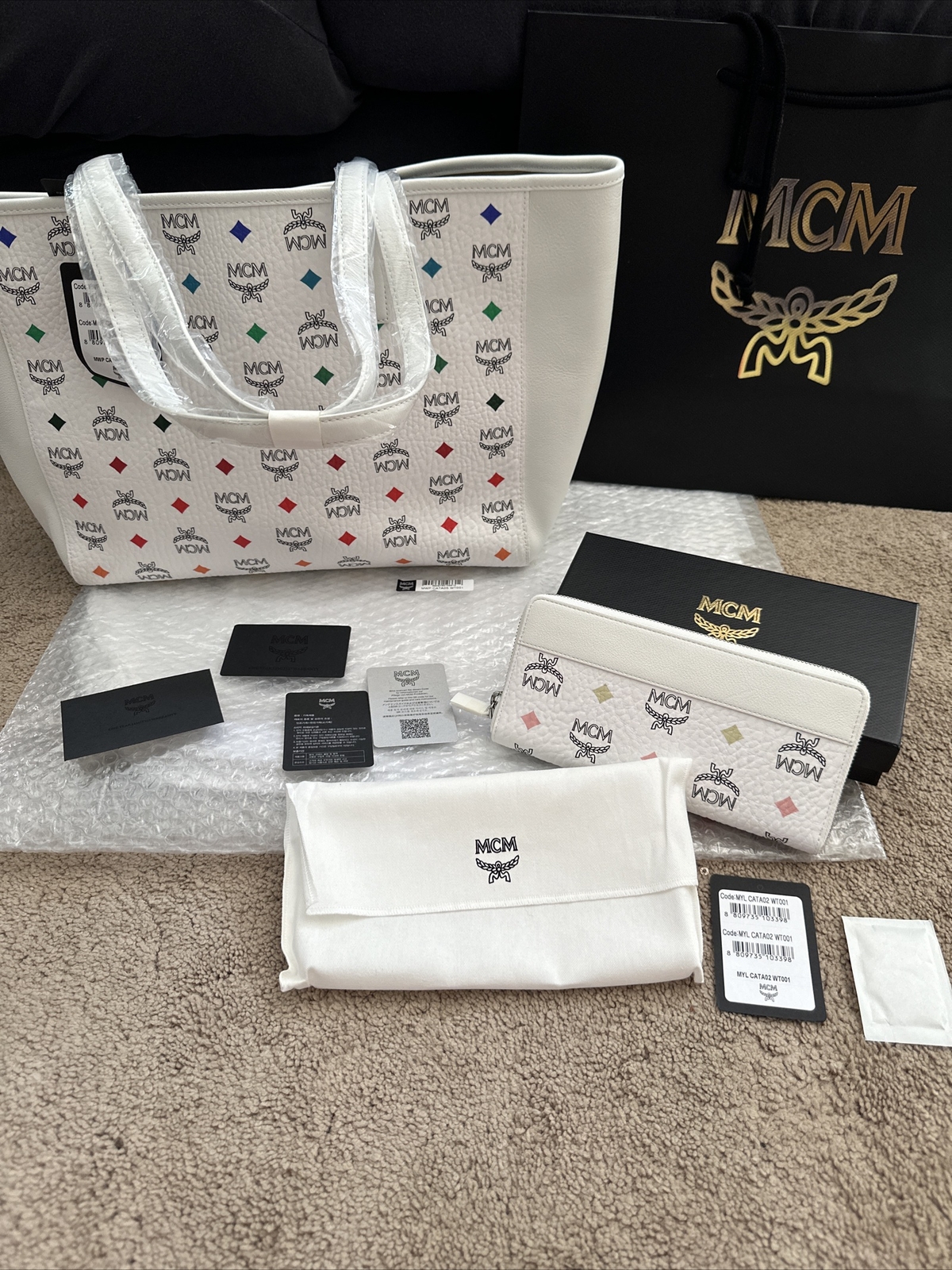 NWT Authentic MCM White Color Medium Shopper Tote Bag With Match Large Wallet