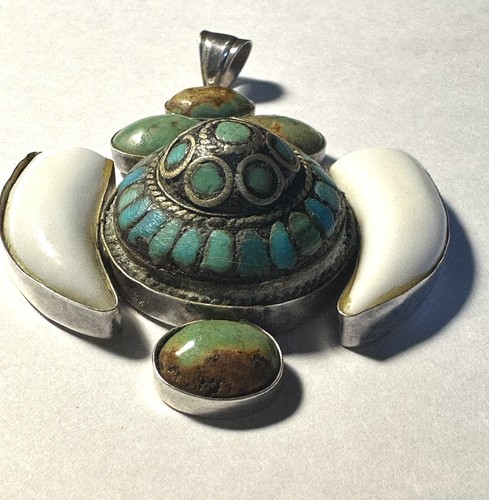 Large Sterling Silver Southwest Style Green Turquoise, & White Bone Pendant 44g - Picture 10 of 18
