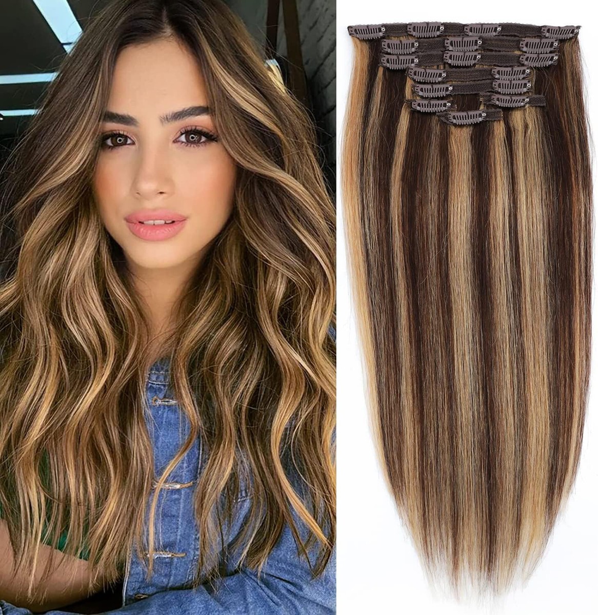 Clip-in Hair Extensions Real Human Hair P4/27 Medium Brown  display picture 3