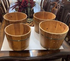 Vintage Set Of 4 Spaulding & Frost Wooden Handmade Buckets With Steel Band USA