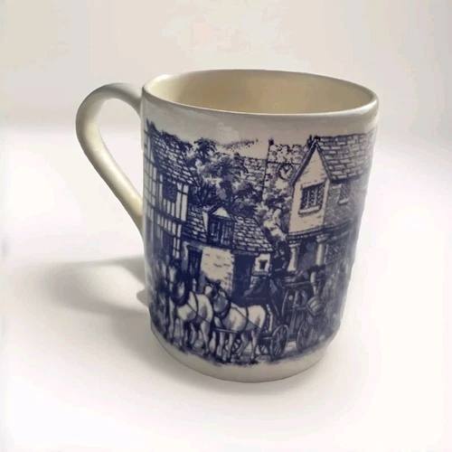Vintage Royal Stafford Coaching Scene Coffee Mug Made in England Blue White Cup