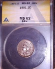 1901 Indian Head Penny, ANACS MS62, Issue Free