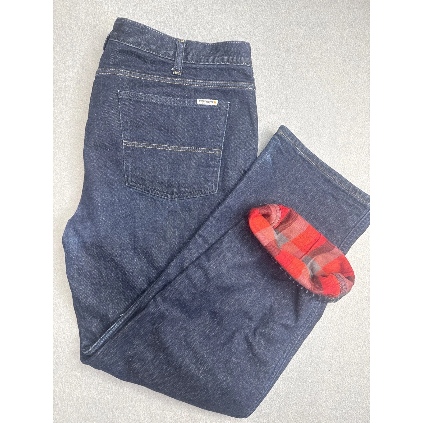 Carhartt Mens Flannel Lined Relaxed Fit Dungaree Jeans Dark Wash Blue Denim