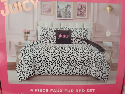 Juicy Couture QUEEN Fuzzy Black and White Leopard Print 4 piece Comforter Set 
