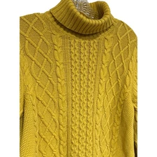 Lands' End Womens Gold Turtleneck Cable Knit Fisherman Sweater Chunky Size Lg