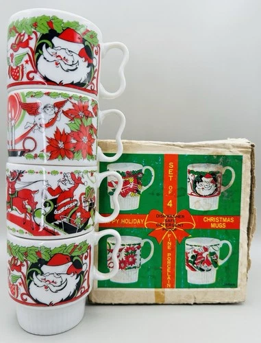 Set of 4 Vintage Japan Stacking Christmas Mugs In Original Box New Old Stock