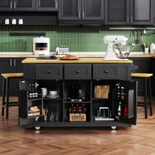 Sturdy 53 inch Mobile Kitchen Island Black Kitchen Island Cart with 2 Bar Stools