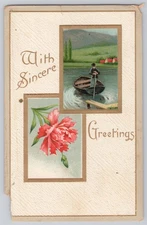 With Sincere Greetings — Pink Carnation and Boat Vignettes, Floral, Divided Back