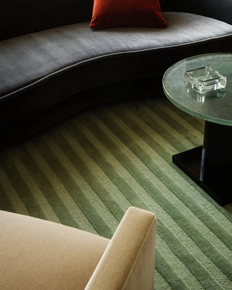 Alfombra de lana acolchada a mano 9x12 pies - Nudos nórdicos Verde pino Rayas Alfombra de lana 8x10 Foto 4 de 4