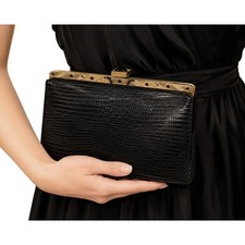 VTG 50s Meyers Black Lizard Embossed Leather Clutch Evening Bag USA Beaded Frame