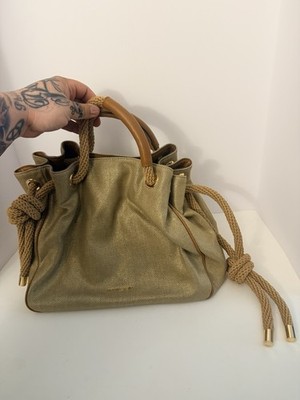 Michael Kors Large Fabric Shoulder Satchel Bag Purse Gold Fabric Canvas Leather