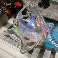 Murano Art Glass Basket   Pink Green Blue Swirl, Sculptural Mid-Century Bowl