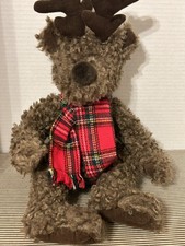 Russ Teddy Bear In Reindeer Antlers Plaid Red Scarf SNUGGLY Floppy CUTE