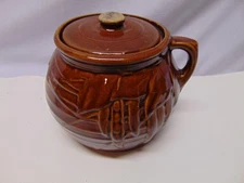 Original McCoy Bean Pot Traditional Brown Pottery Pea Pod Leaf Design with Lid
