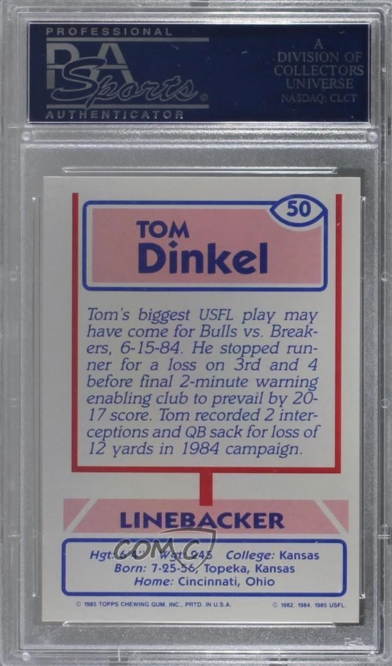 1985 Topps USFL Tom Dinkel #50 PSA 9 MINT - Image 2 of 2