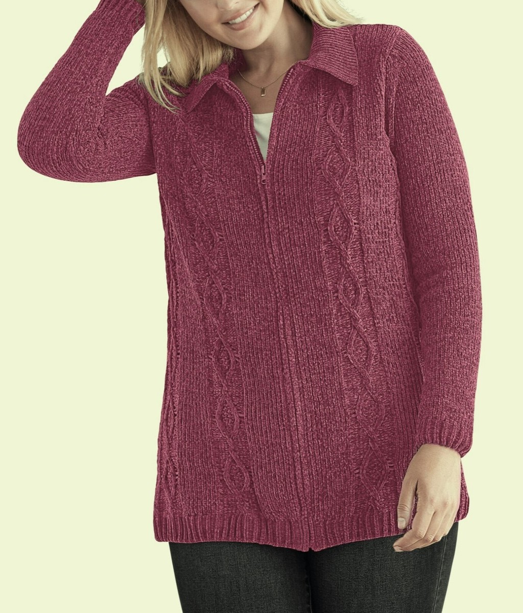 Woman Within Plus Size Raspberry Chenille Zip Cable Cardigan Size