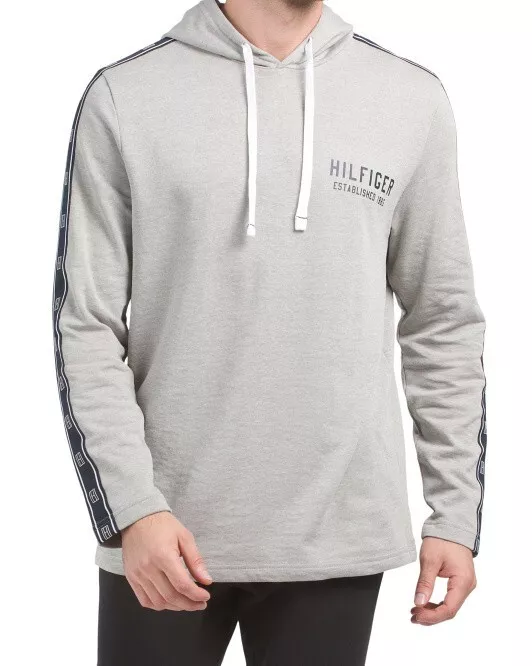 TOMMY HILFIGER French Terry Logo Side Tape Drawstring Hoodie Size L Color Gray