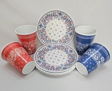 180° Tumblers & Dessert Plates Bandana Pattern Melamine Set of 8 Blue & Red