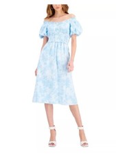 Inc International Concepts M All Cotton Floral Smocked Dress Blue Retail 120