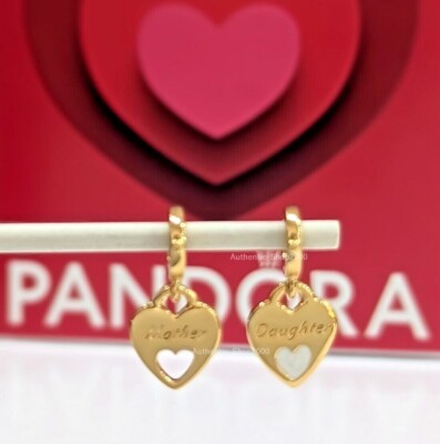 New 100% PANDORA 14k Gold P Daughter Mother Double Hearts Split