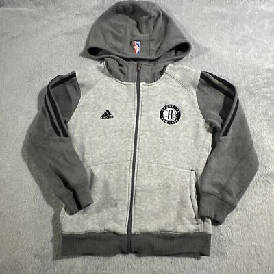 NY Nets Adidas Basketball NBA Jacket Hoodie Coat Gray Youth Boy’s Sz Small  - Image 1 of 4