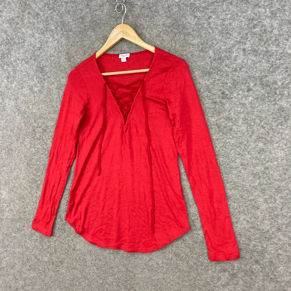 Blusa Espléndida Top Mujer L Grande Roja Manga Larga Cuello en V Tela Elástica 35618 Foto 2 de 4