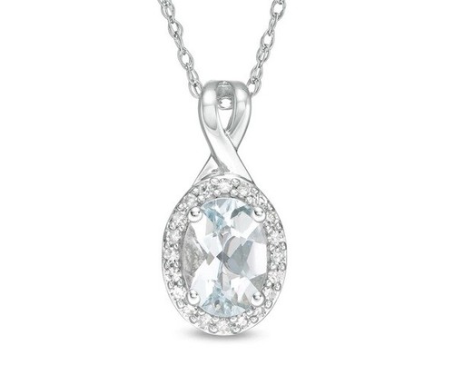 Ovaler Aquamarin und 1/15CT Diamantrahmen Anhänger Sterlingsilber mit 18 Zoll Kette - Bild 3 von 4