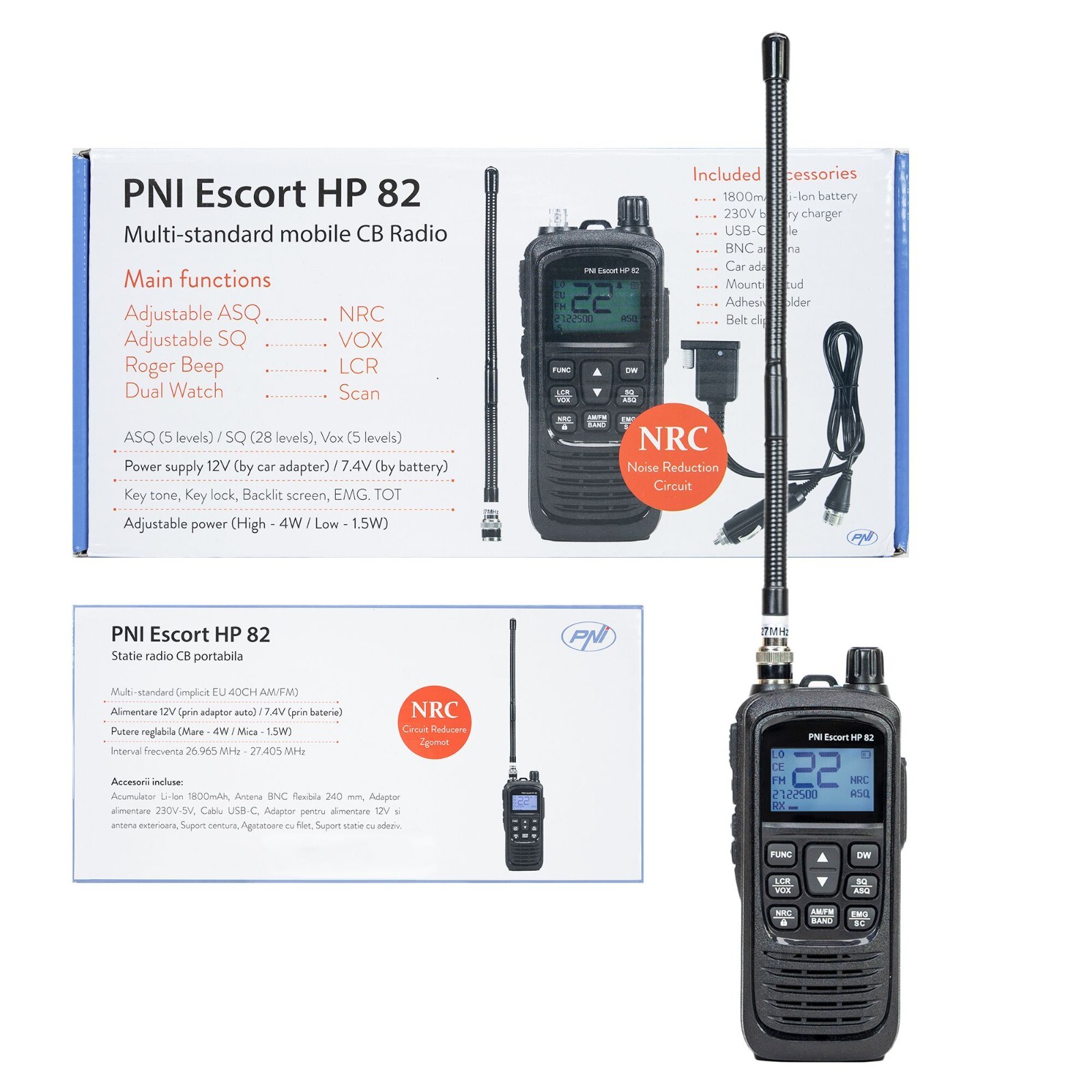 handheld CB radio PNI HP 82, multi standard, 4W, 12V, AMFM, NRC