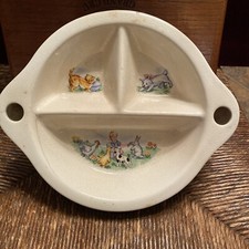 Vintage baby warming dish Little boy w/ kitty and puppy Divided Child's Food