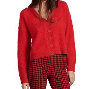 red fuzzy cardigan