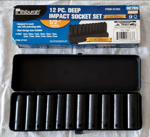 Pittsburg 1/2" Drive 6 Point Black Deep Well Metric Impact Sockets (12)